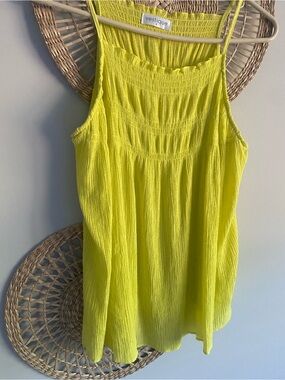 Vestique Yellow Smocked High Neck Spaghetti Strap Crinkle Tank Summer Vacation 💛